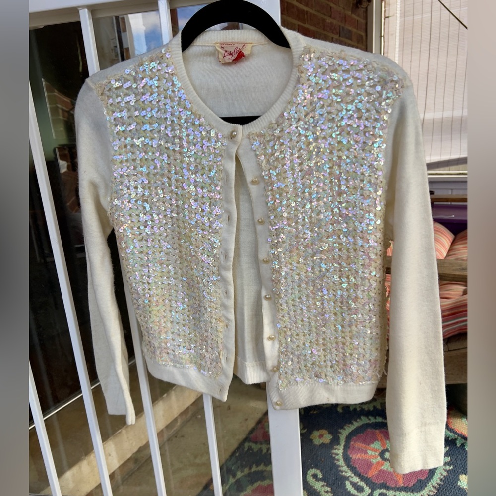 Vintage Angora Lambswool Cream Sequin Beaded 50’s Cardigan
